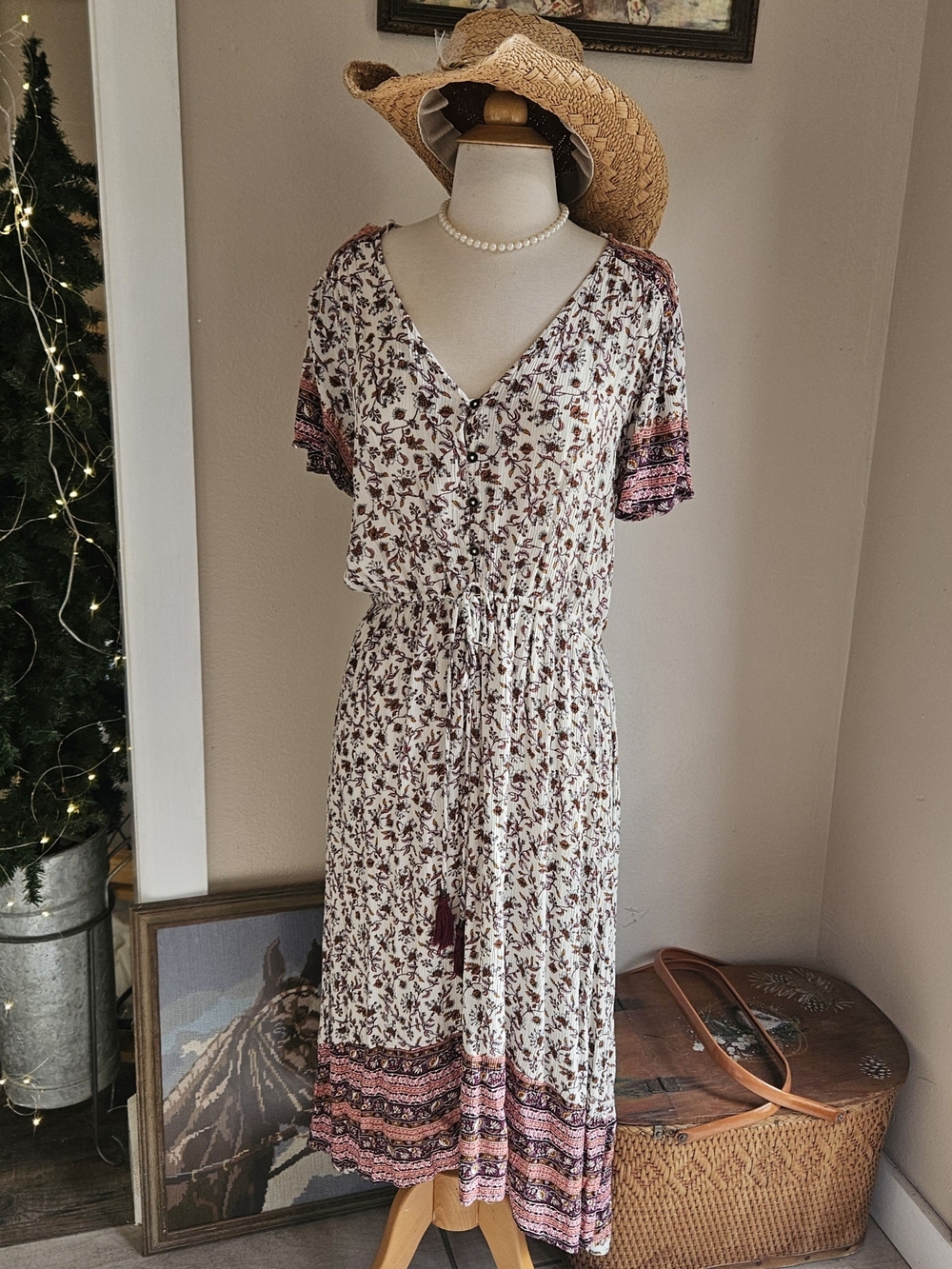 Knox Rose Cream Midi Dress with Burgundy Floral Print